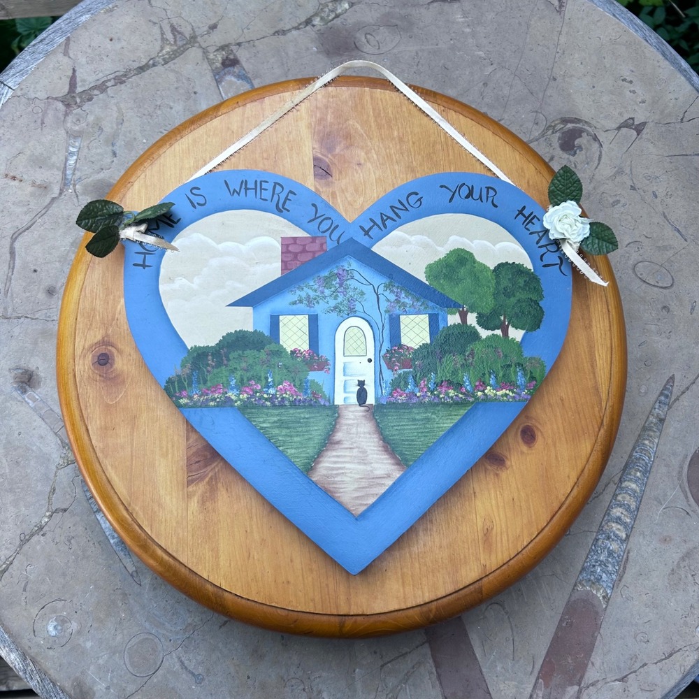 Vintage Wood Heart Sign Blue Cottage Black Cat Americana Joyce Simser 12in 1996